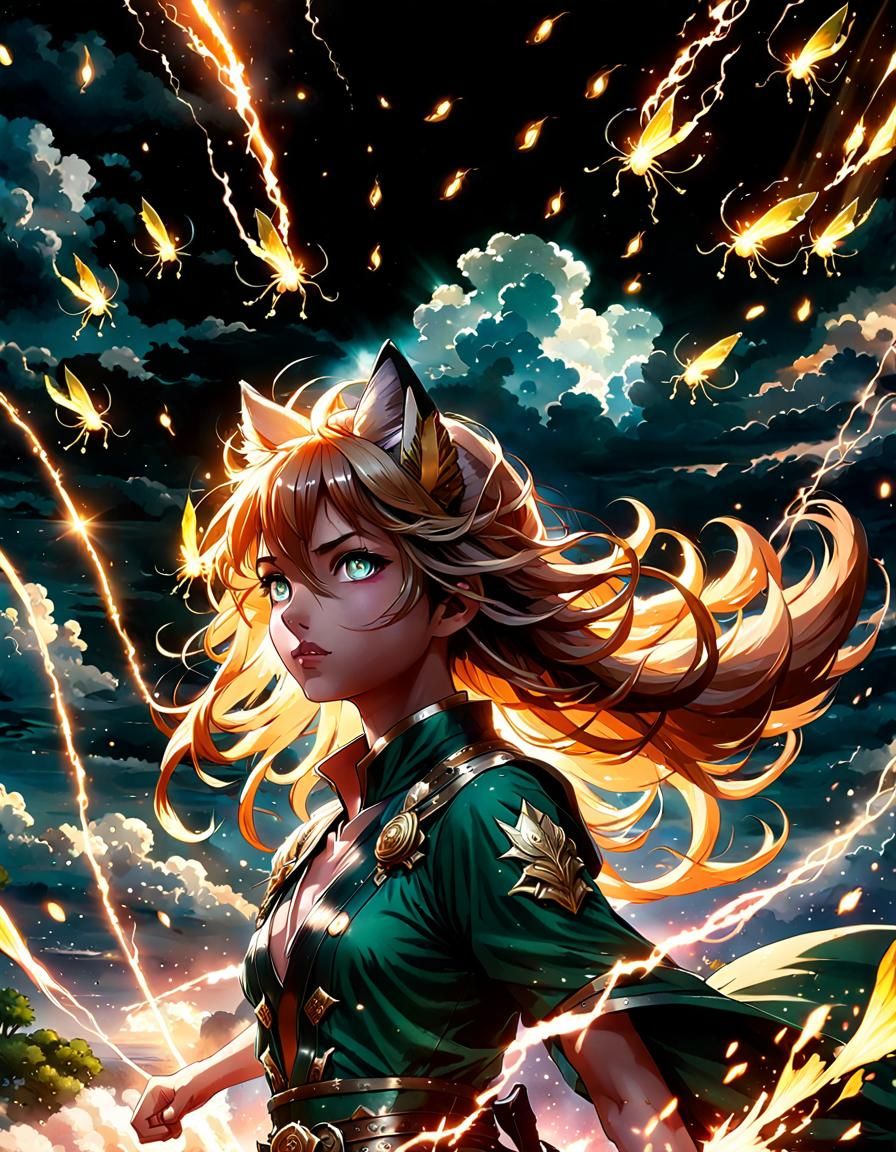 Epic Anime Fox Girl Leading Fireflies into Battle