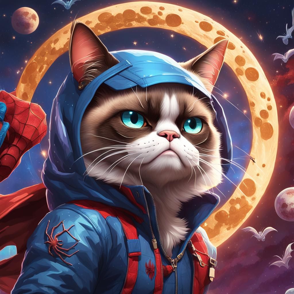 Grumpy Cat Dances on the Moon as Spiderman