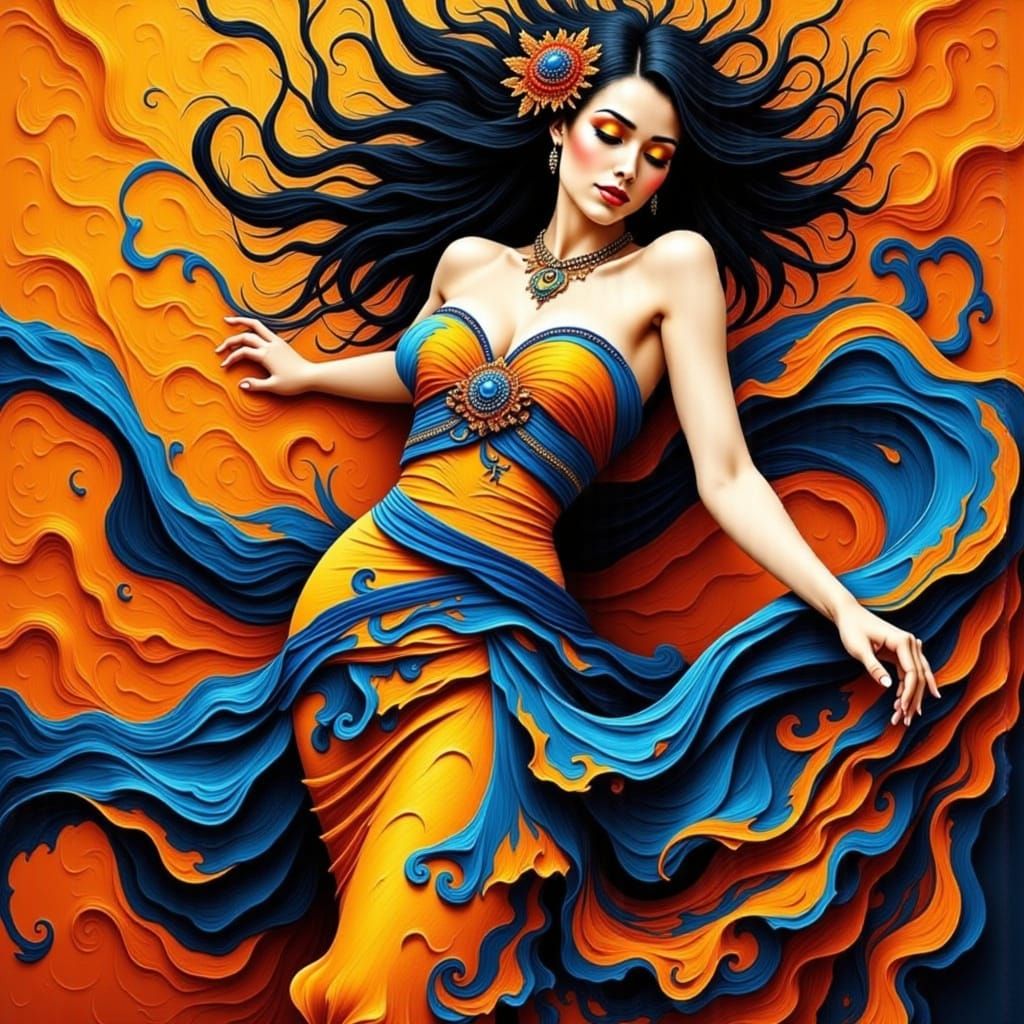 Vibrant Woman in Dynamic Movement with Swirling Abstract Bac...