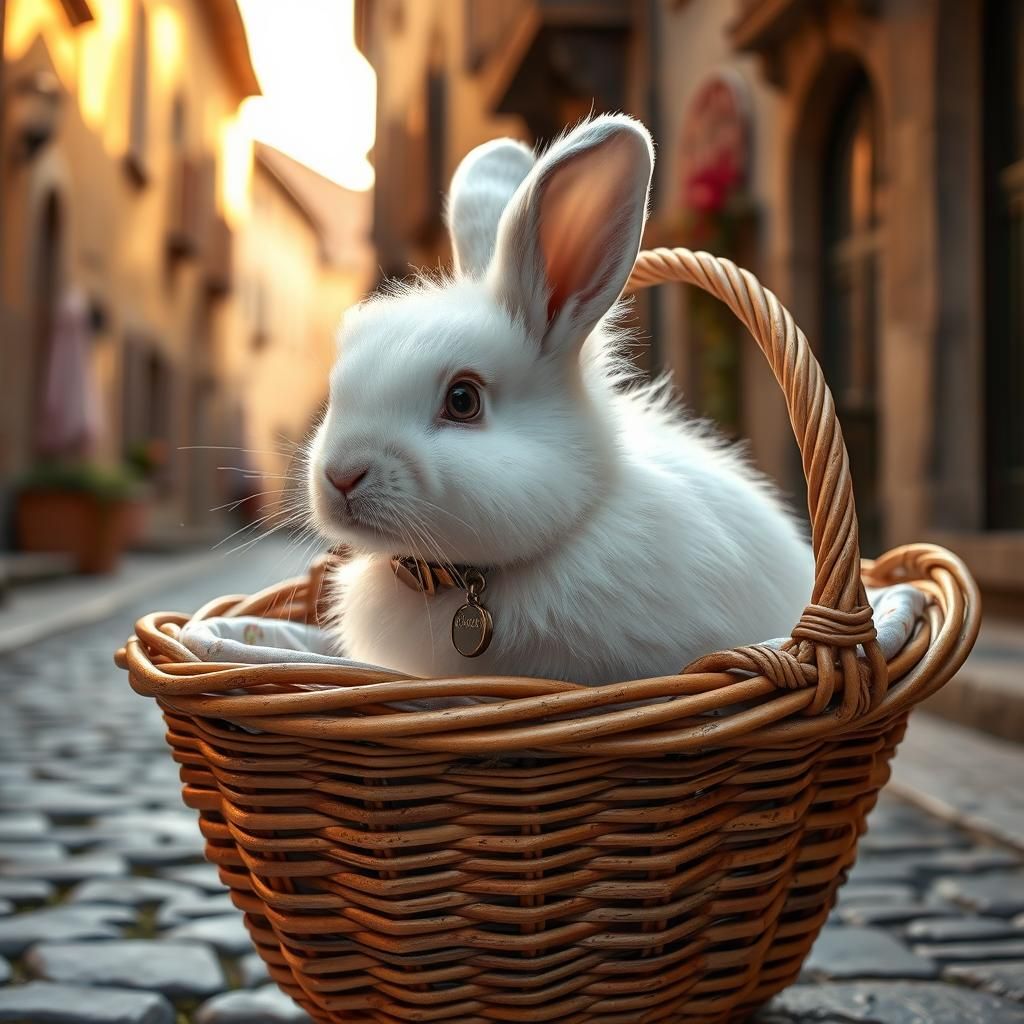 Angora Rabbit in Basket on Cobblestone Street