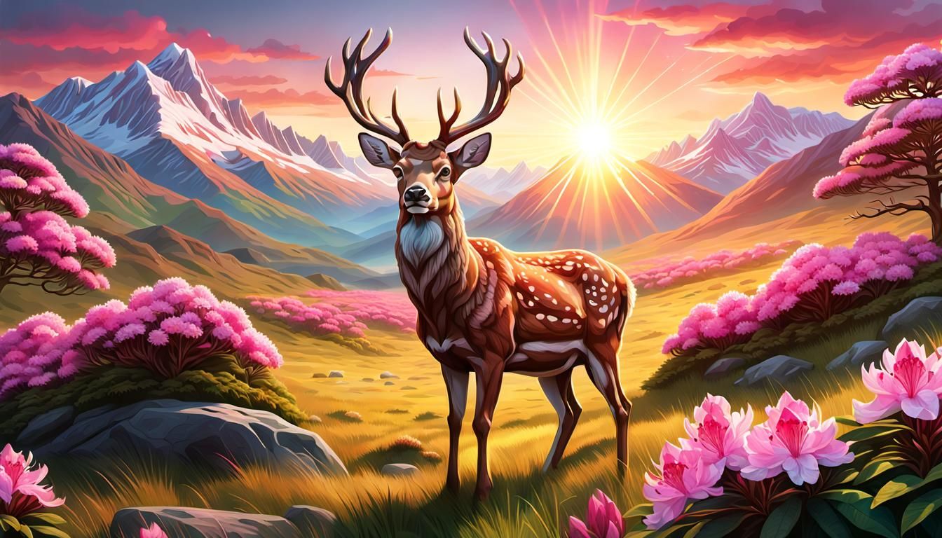 Deer Watches Sunrise Over Mountain Meadow