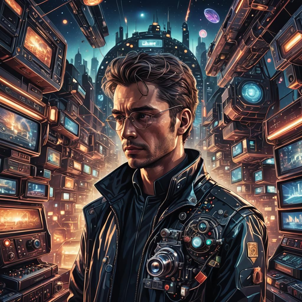 Person Surrounded by Multimedia Gadgets in Neo-Noir Style