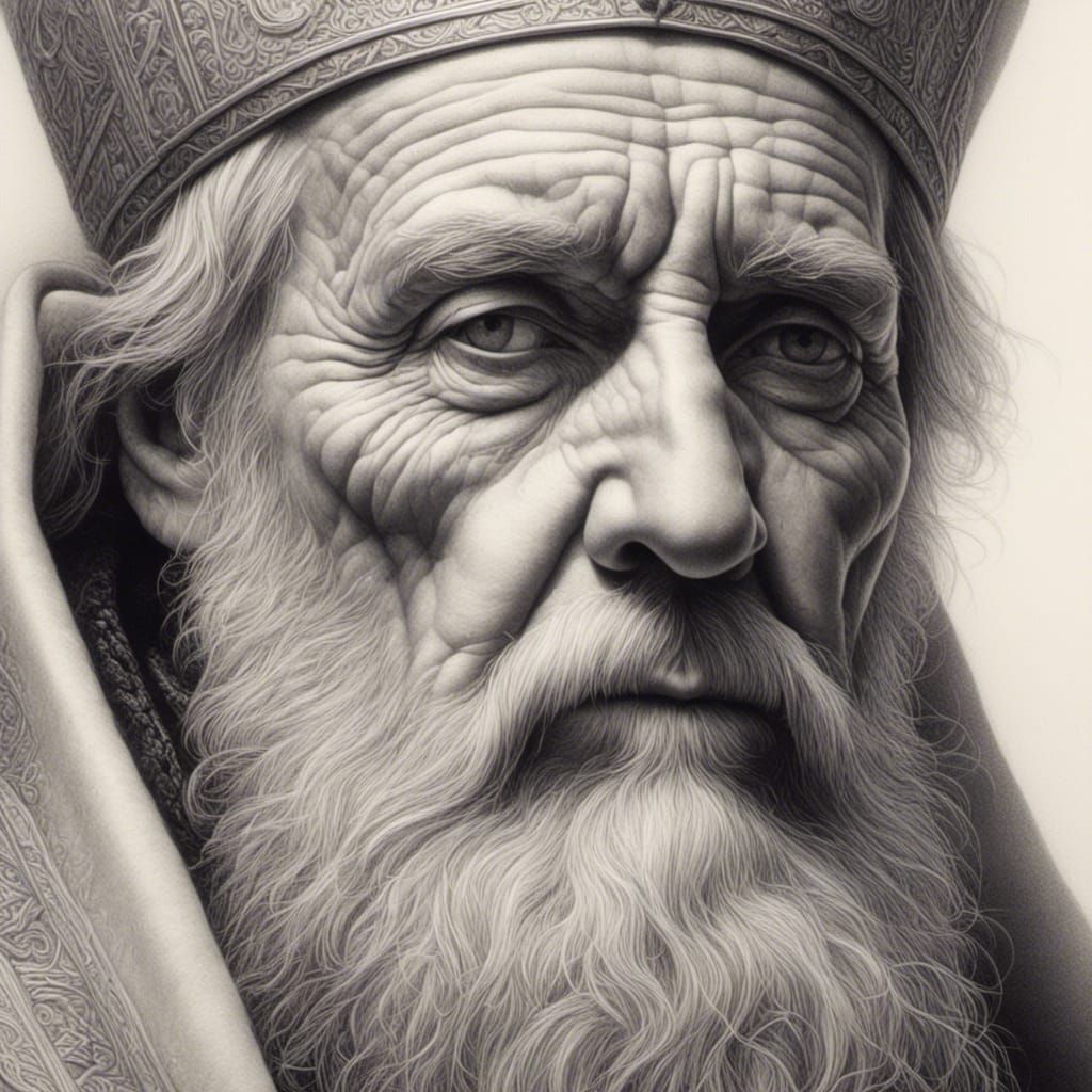 Close-Up Pencil Drawing of Orthodox Pope