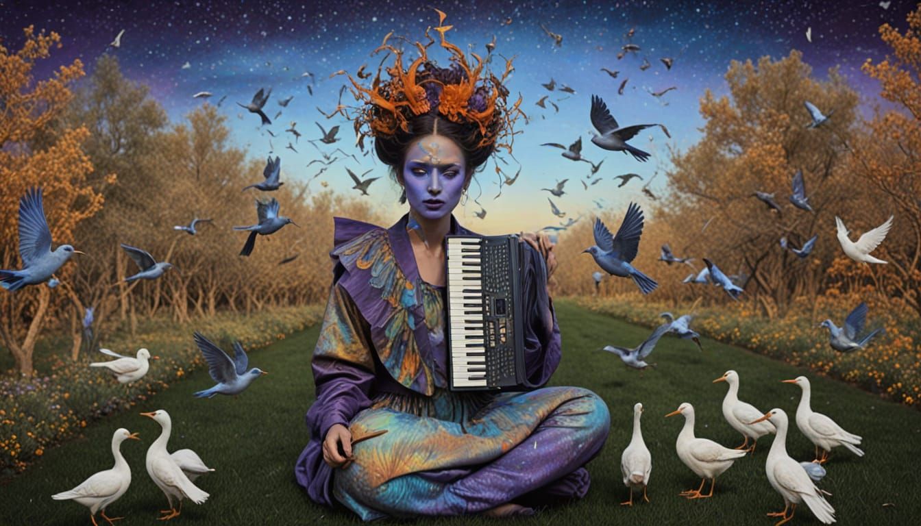 Woman Transforms Into Birds Amidst Cosmic Energy