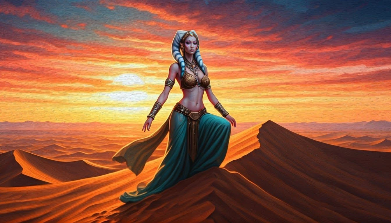 Twi'lek Goddess Amidst Tatooine's Double Sunset