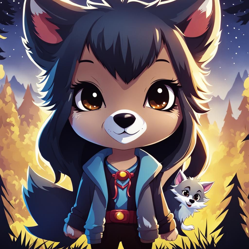 Kawaii Anime Werewolf Cartoon in Chibi Style