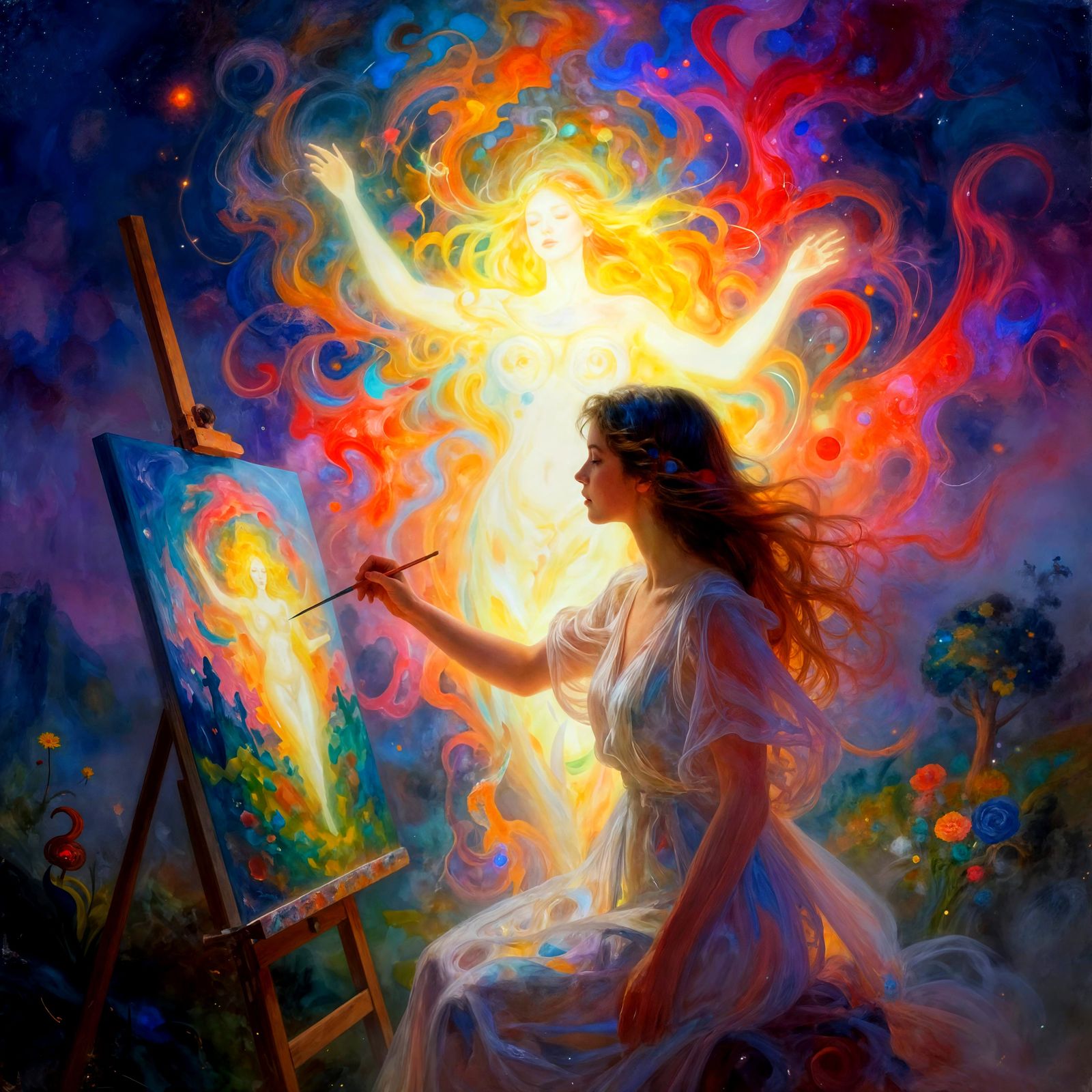 Female Painter Lost in Art with Glowing Muse