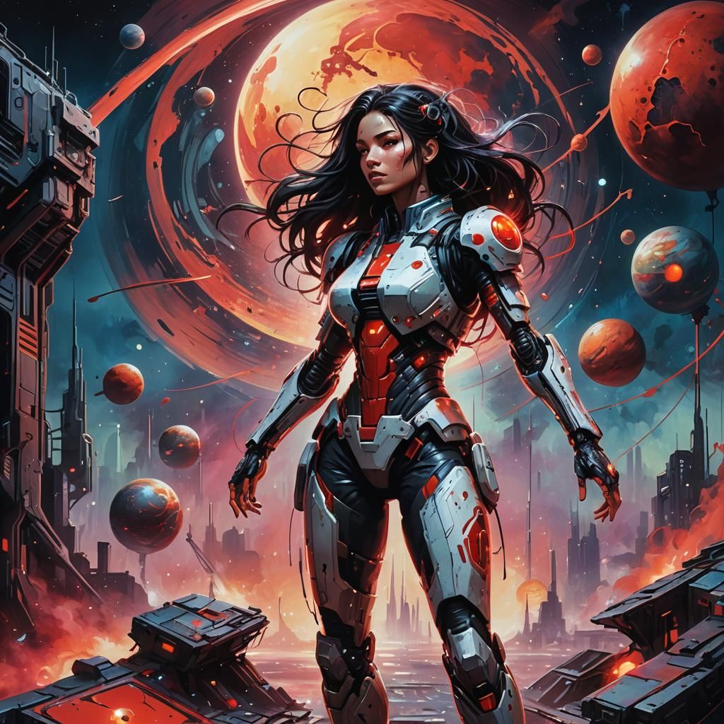 Cyborg Girl on Spaceport in Graffiti Art Style