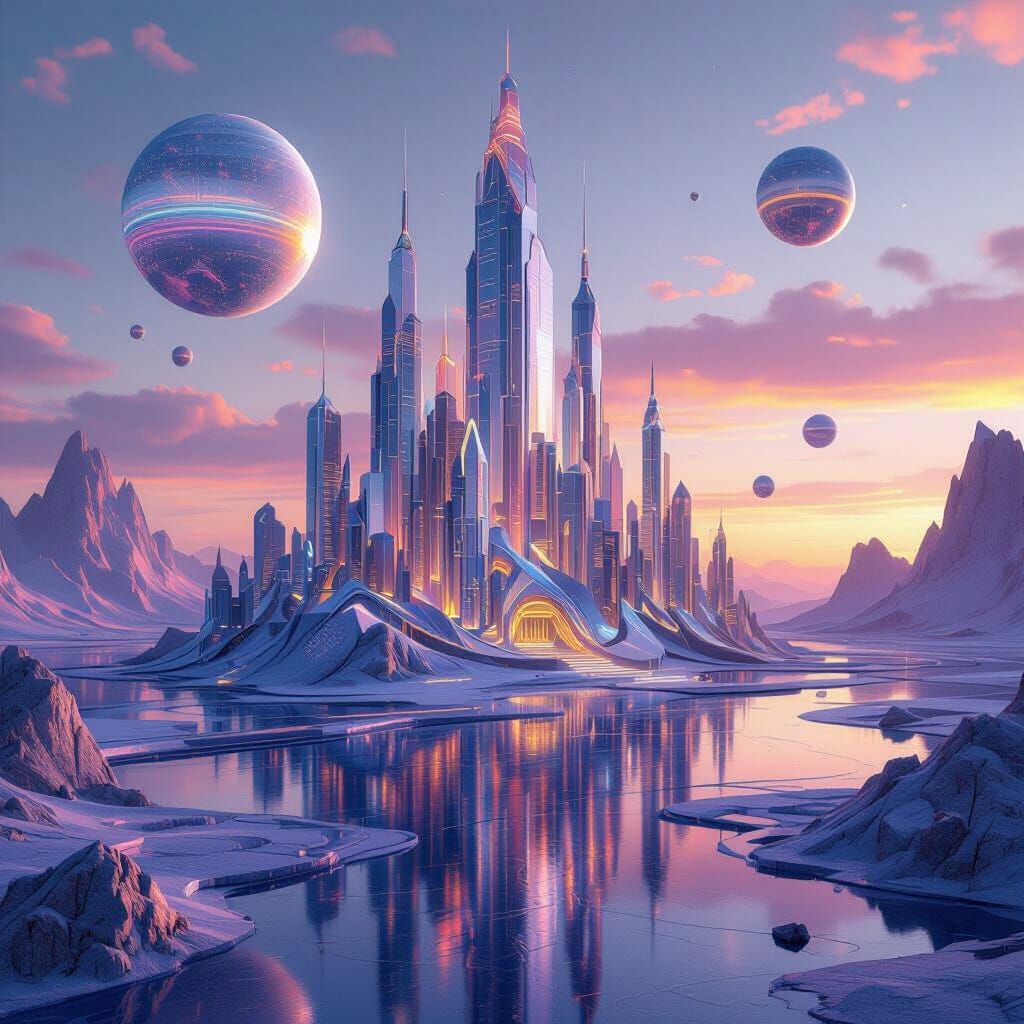 Surreal Cityscape: Crystal and Metal Architecture in Twiligh...