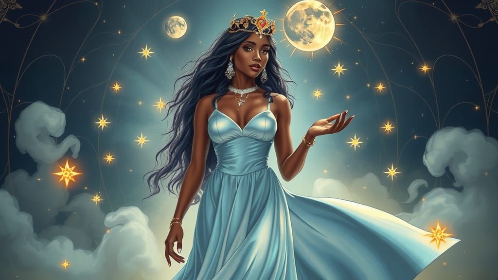 Majestic Black Oracle in Celestial Gown, Surrounded by Mysti...