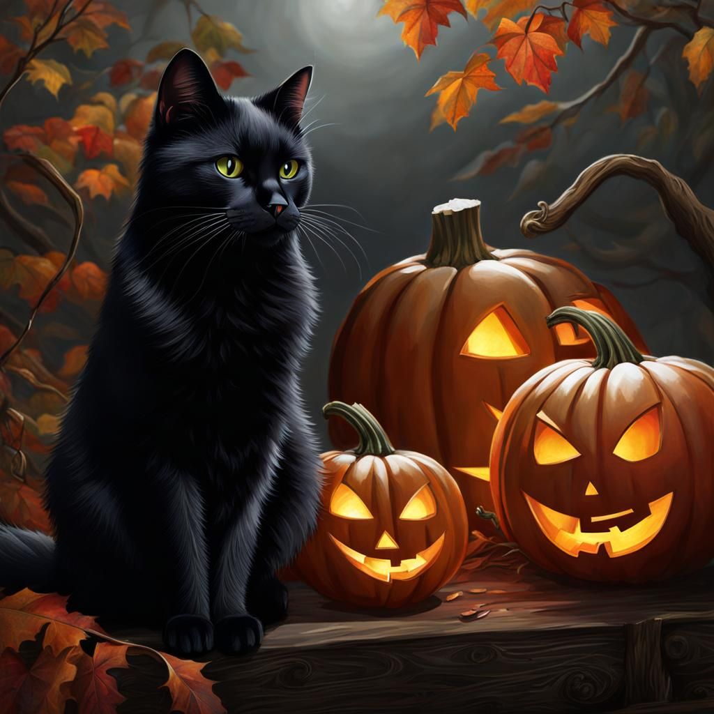 Black Cat and Jack-o'-Lantern: Halloween Scene