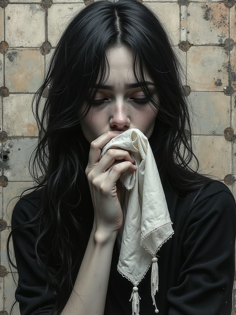 Sobbing Woman Portrait in Expressive Ink and Charcoal Style