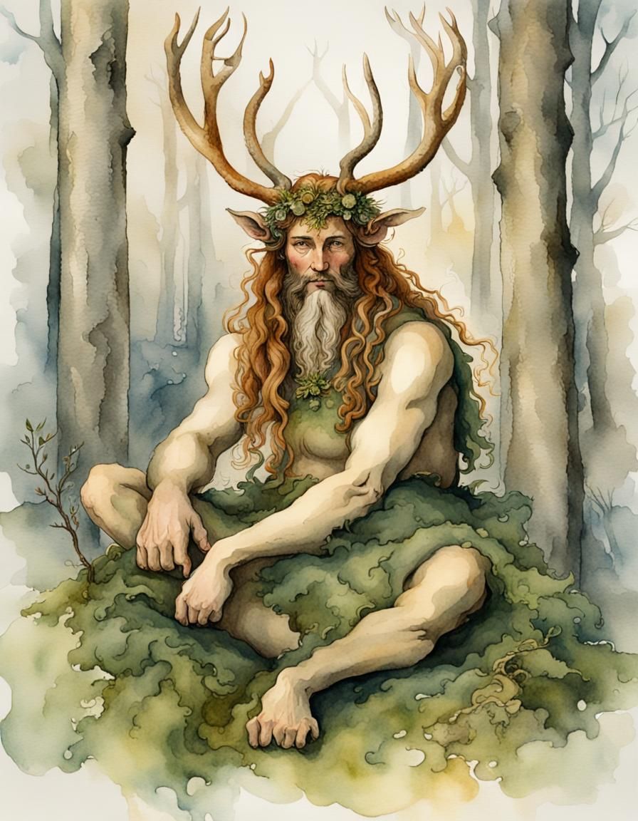 Cernunnos at Imbolc in Watercolor Style