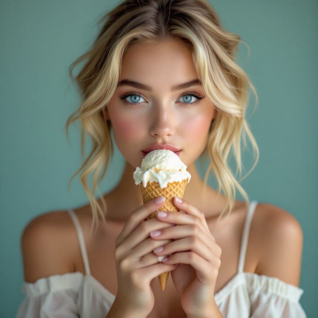 Blonde Girl with Ice Cream, Professional Portrait Style