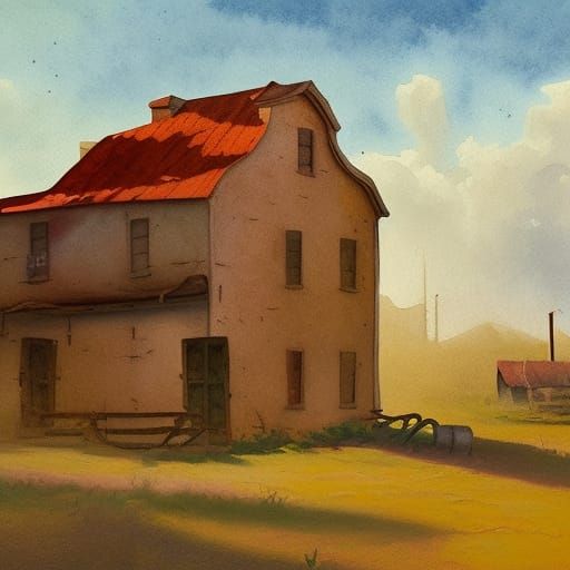 Dust Bowl Farmhouse in Gouache Watercolor Style