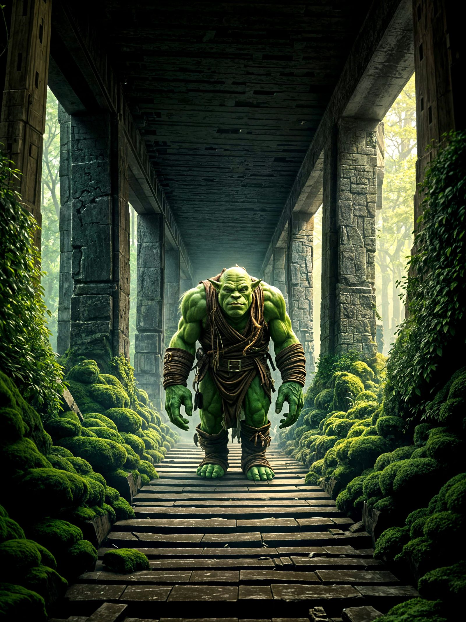 Green Ogre Troll Under Bridge in Cinematic Style