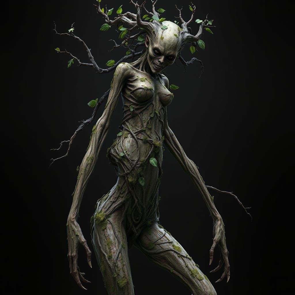 Femelle Lich-Dryad in Decomposing Tree Bark Armor