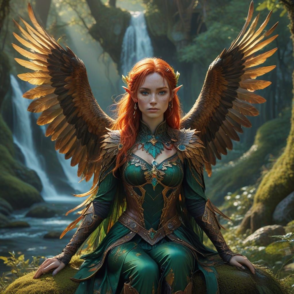 Hyperrealistic Elf Girl and Eagle in Golden Light