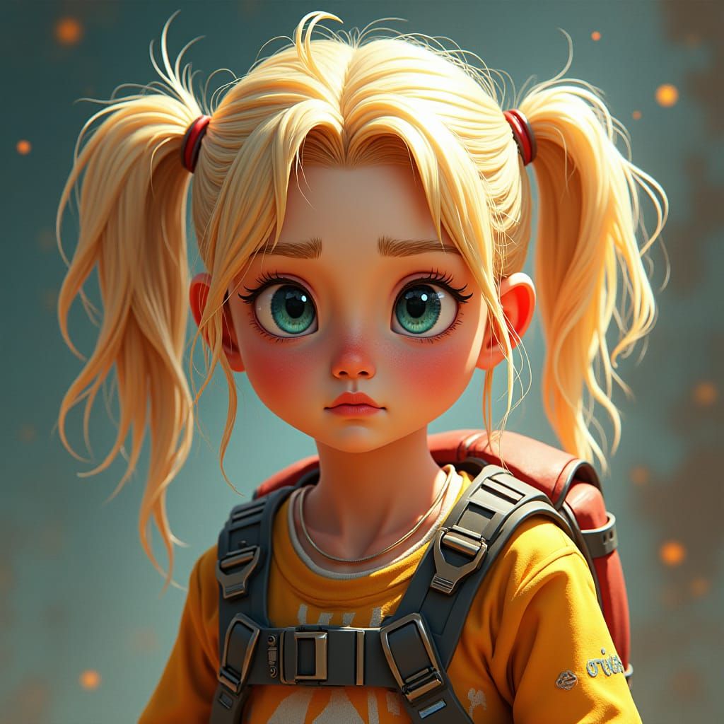 Grumpy Girl with Blonde Pigtails and Rocket Ship