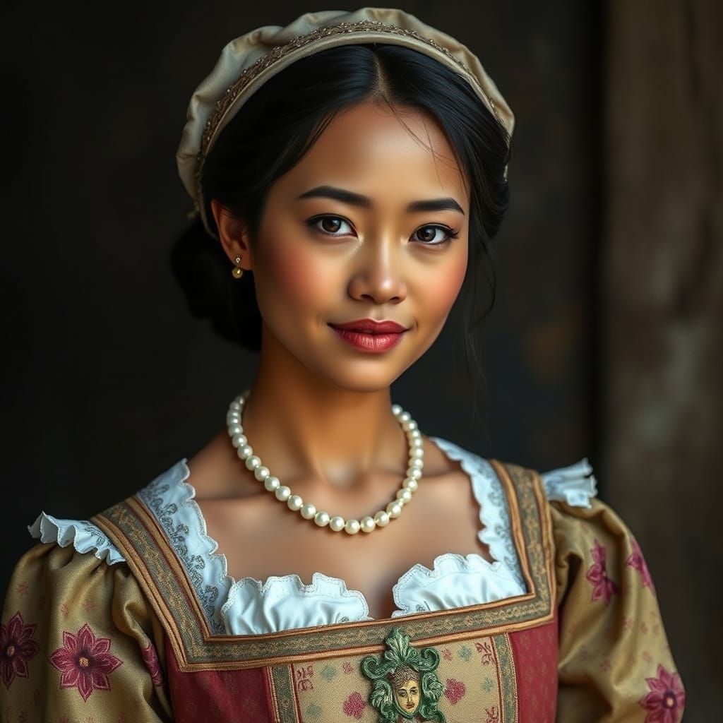 Mixed Heritage Woman in Medieval Dress, Art Nouveau Style