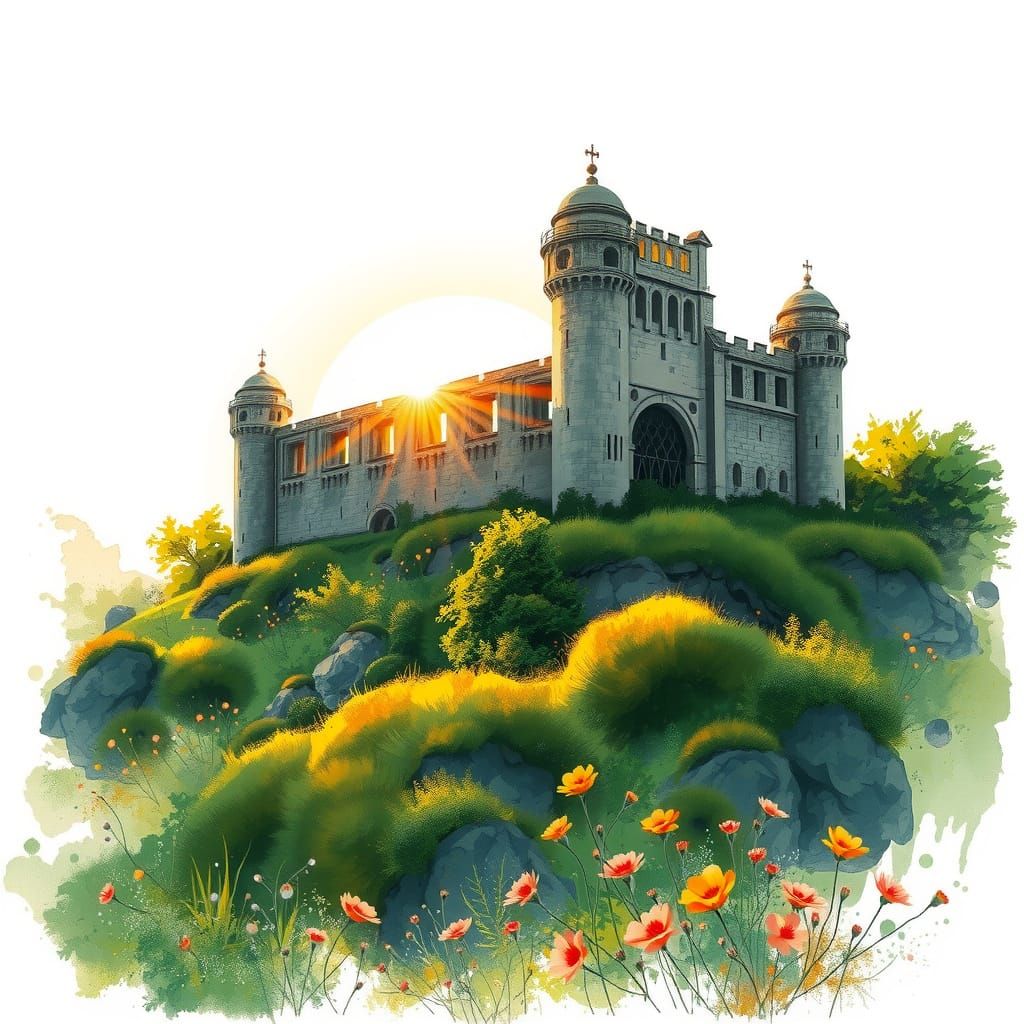 Majestic Castle Ruin at Sunrise: Watercolour and Charcoal