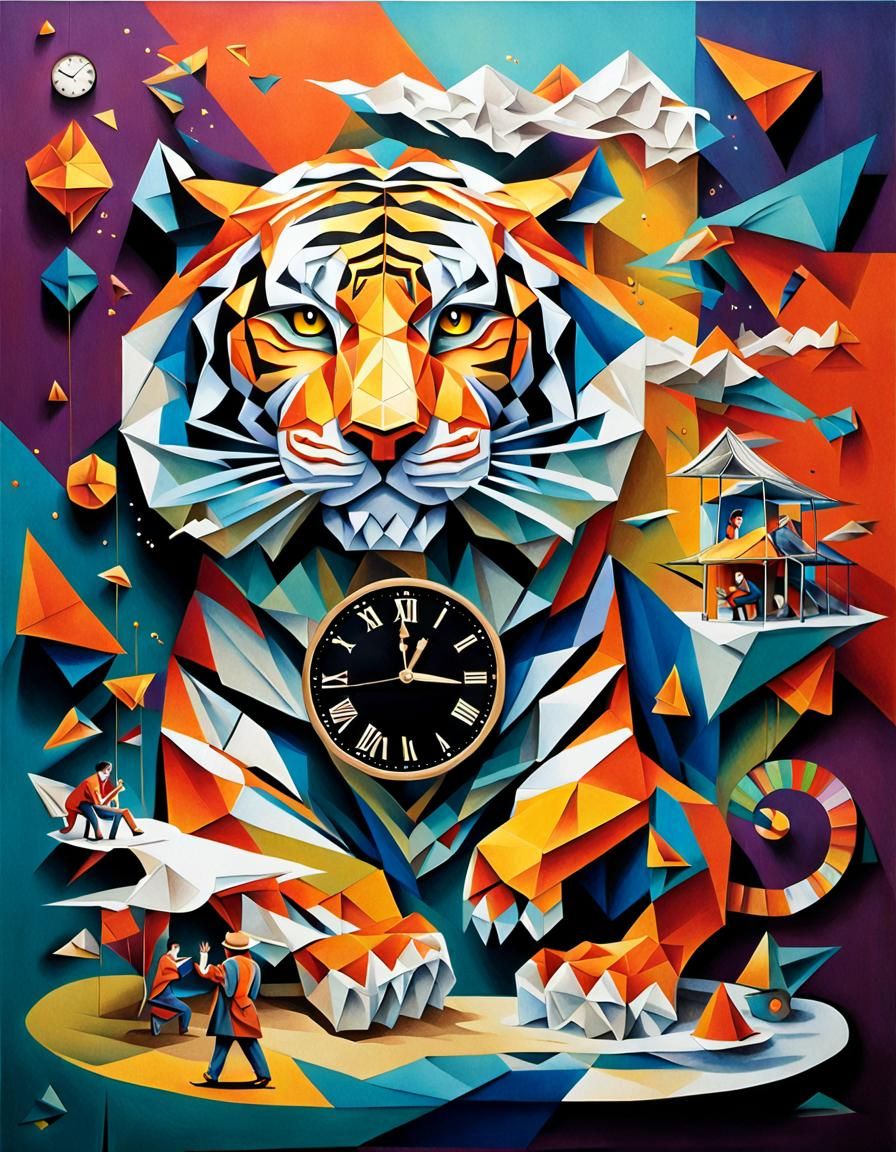 Surreal Time Illusion with Cubist Origami Tiger