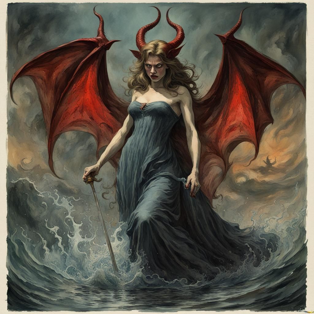 Watercolor She-Devil Vintage Horror Poster