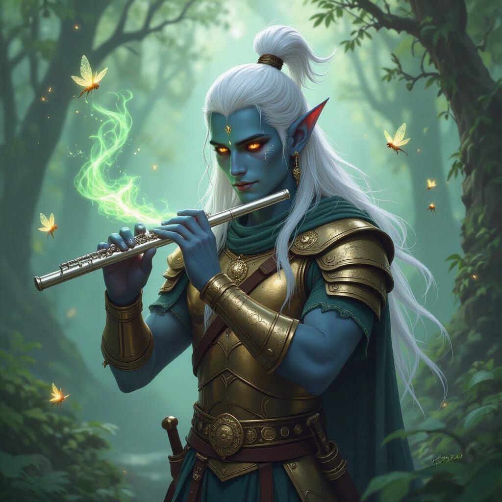 Drow Musician Serenades Pixies in Luminous Forest
