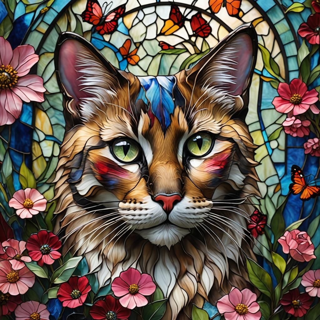 Stained-Glass Cat Head with Flowers in Tiffany Style