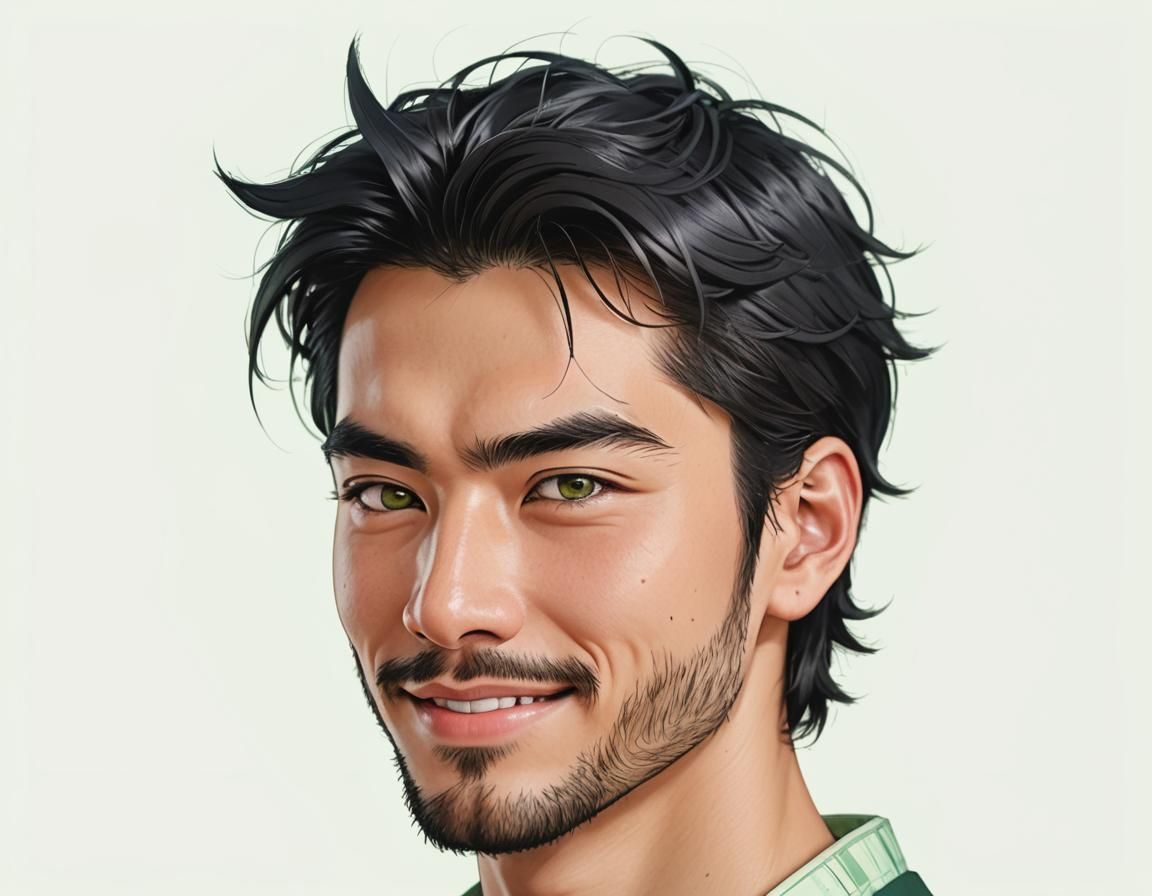Handsome Man with Green Eyes in Manga Style