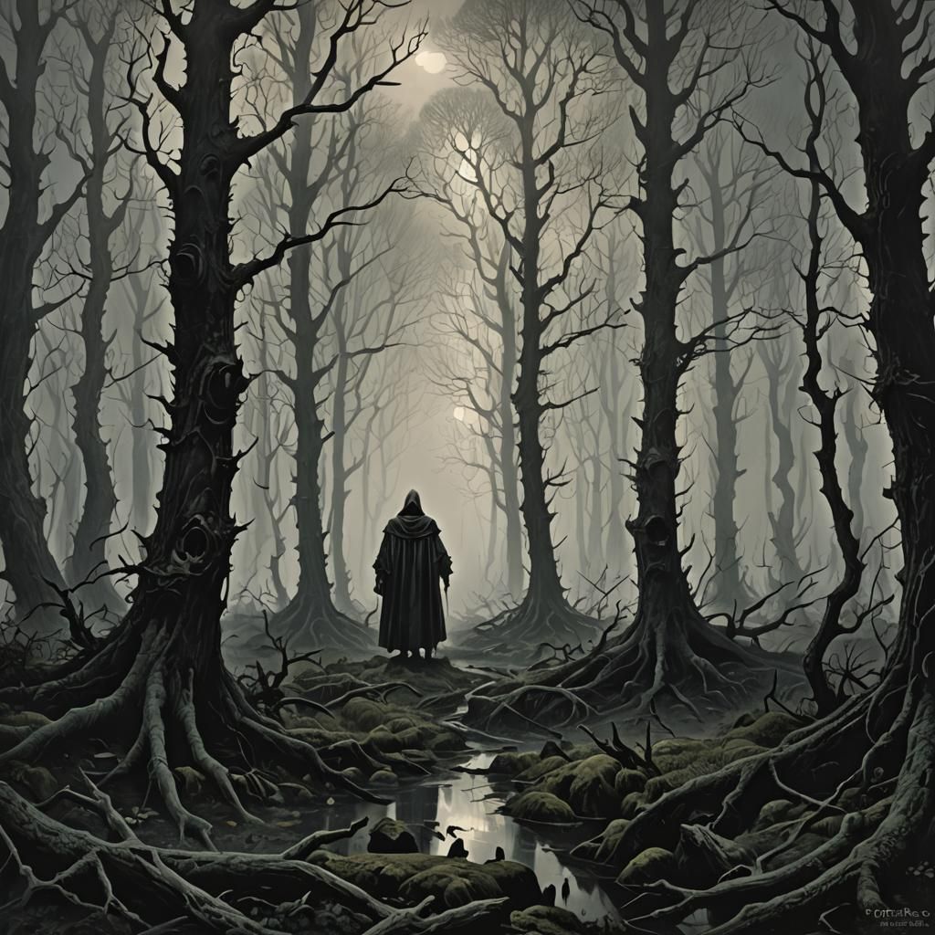 Eerie Forest Cloaked in Mist: A Horror Illustration