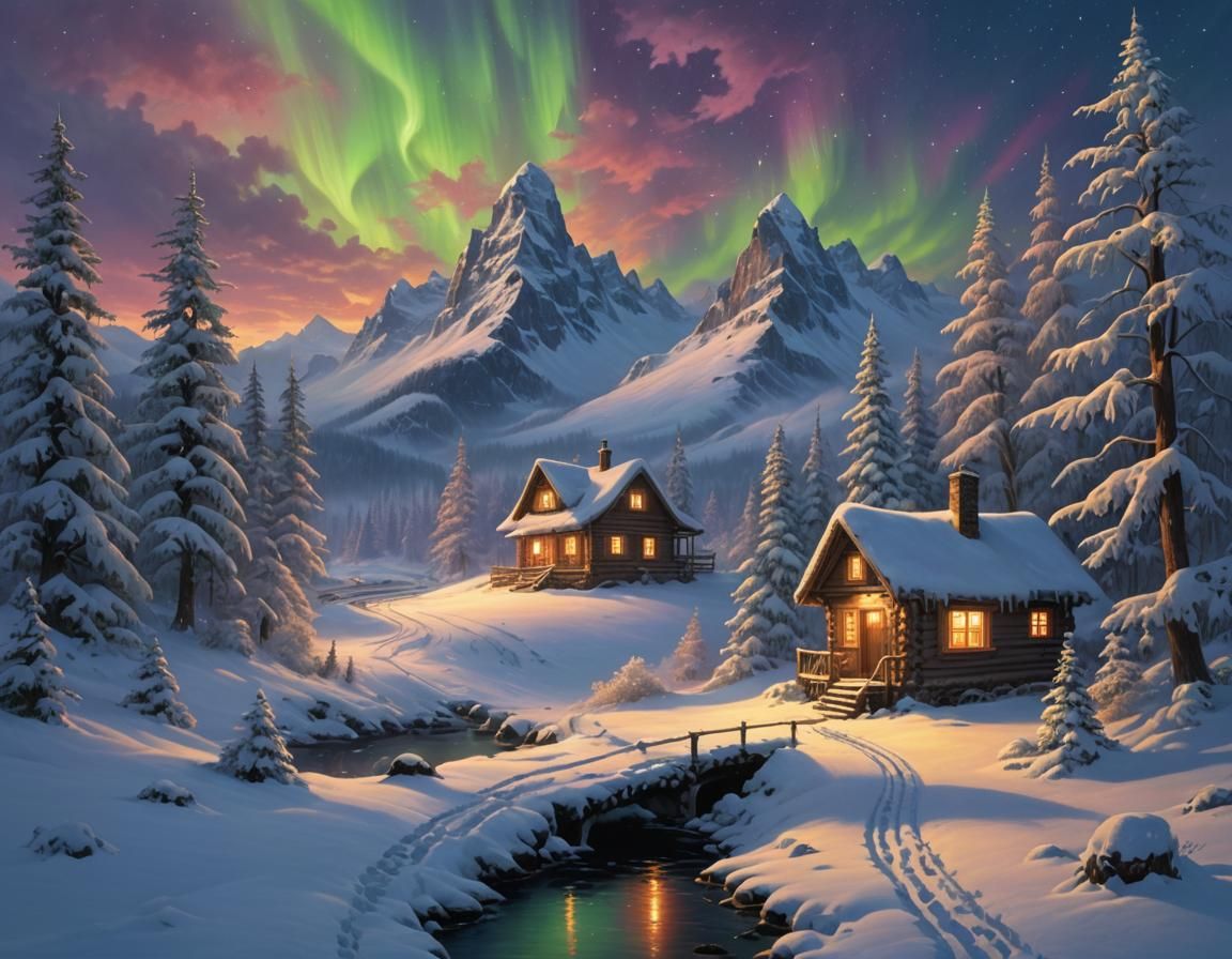 Cabin in Snow Under Aurora Lights: Fantasy Art