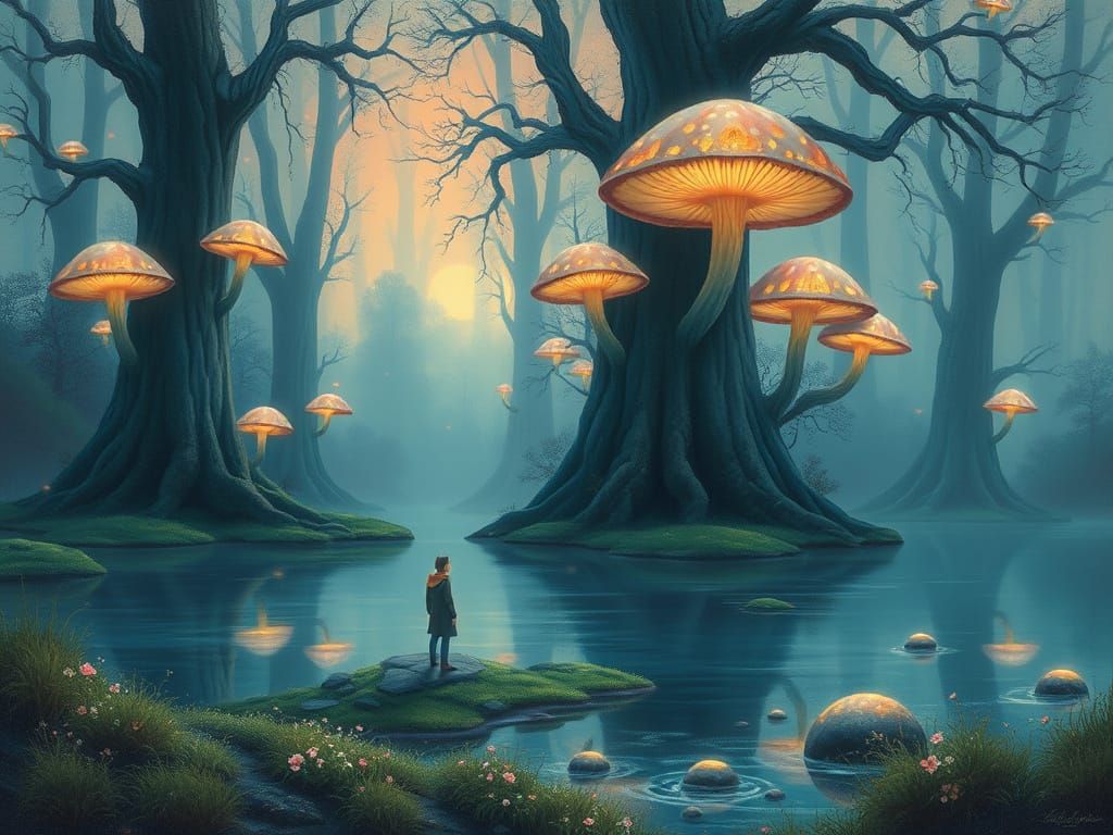 Dreamlike Lake Scene with Ethereal Mushrooms and Lone Figure