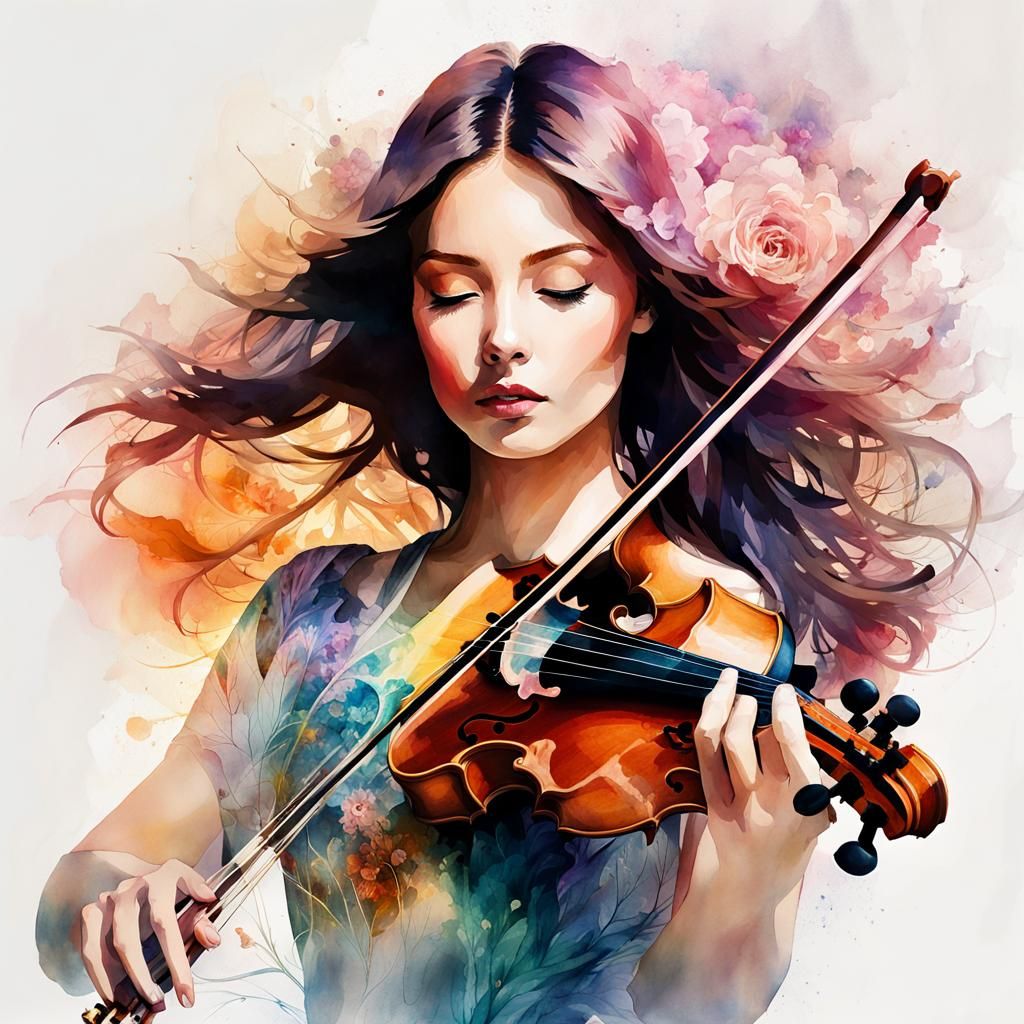 Spiraling Violin in Digital Watercolor Summerscape