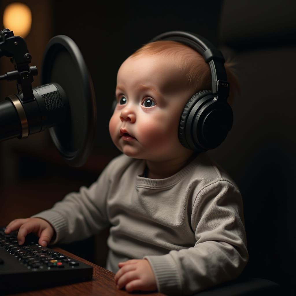 Baby Podcaster in Studio, Photorealistic Image