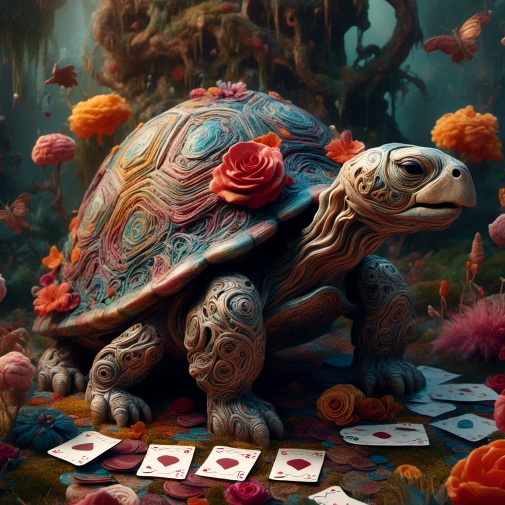 Whimsical Tortoise in Surreal Alice in Wonderland Garden