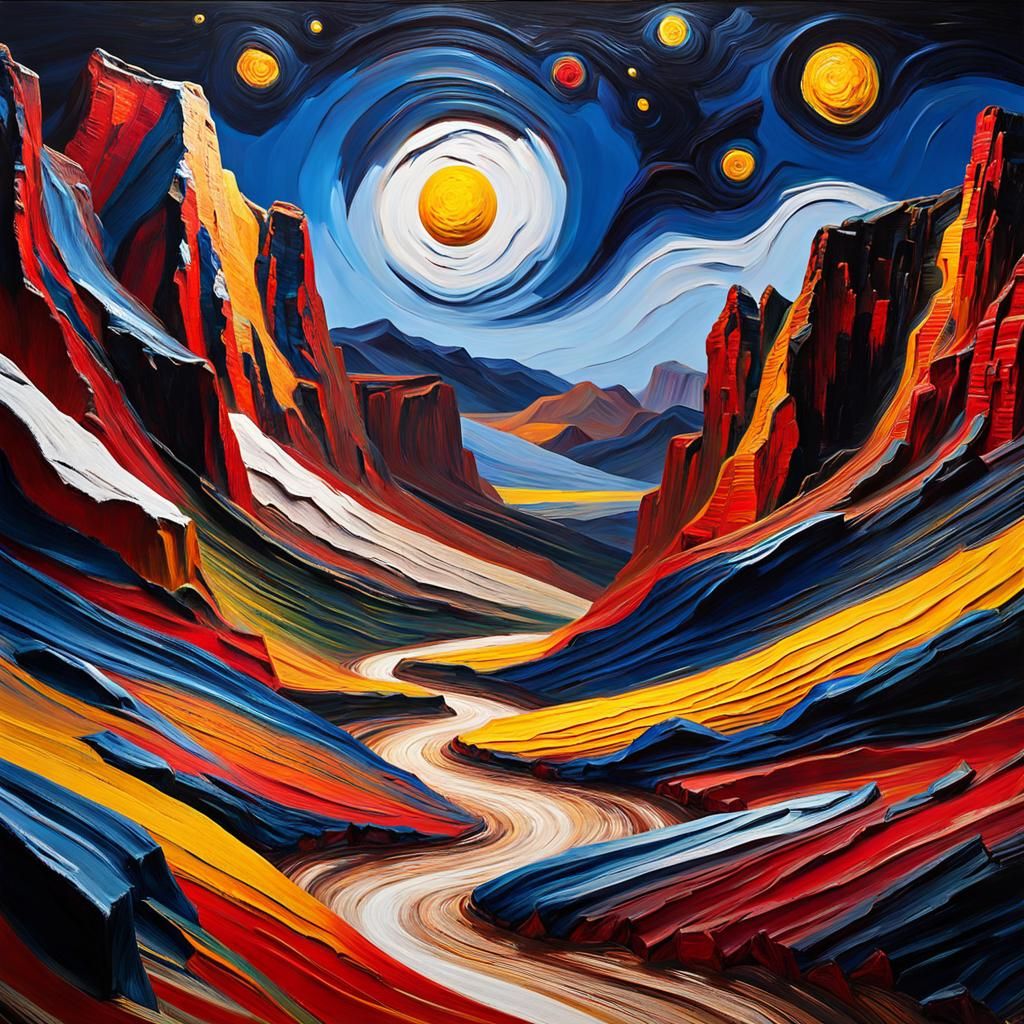 Desert Canyon Starry Night Impasto Painting