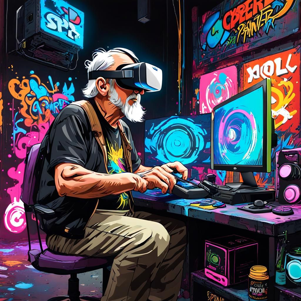 Cyberpunk Chibi Old Gamer in Neon Graffiti Style