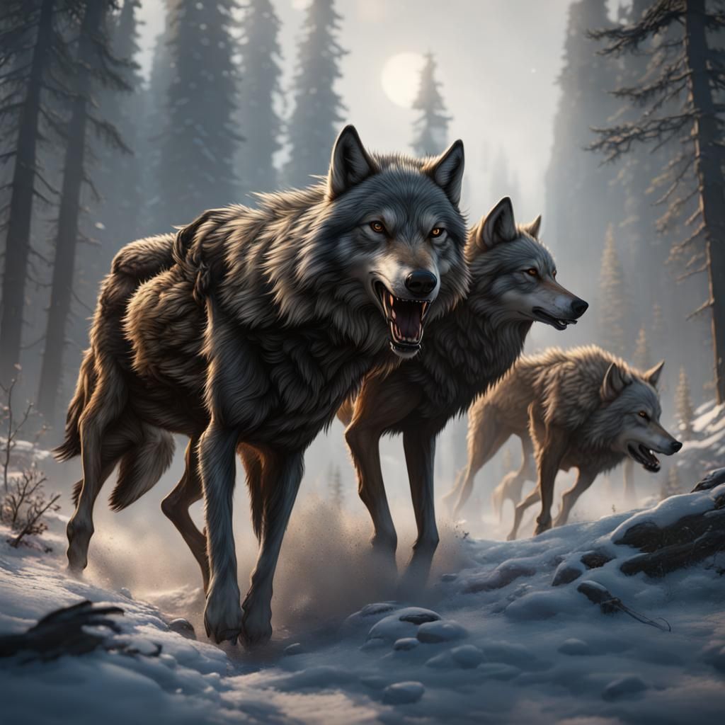 Wolves Dragging Elk: Detailed Fantasy Matte Painting