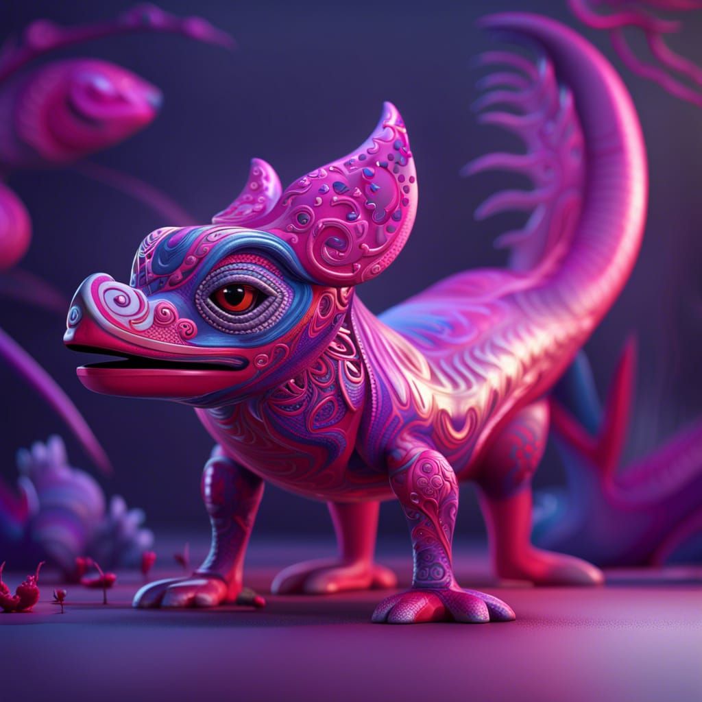 Ray Traced Alebrije: A Colorful Gecko in Silver
