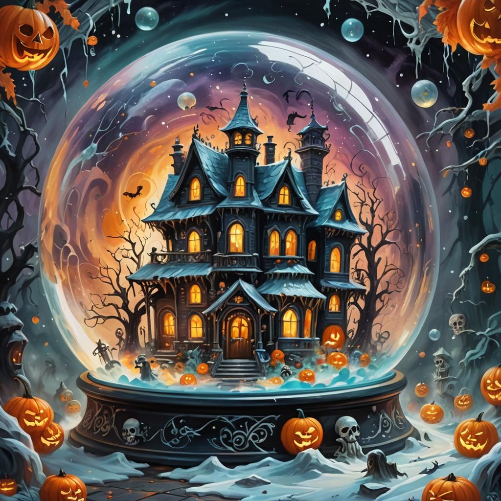 Haunted House Snowglobe in Dark Fantasy Oil Painting