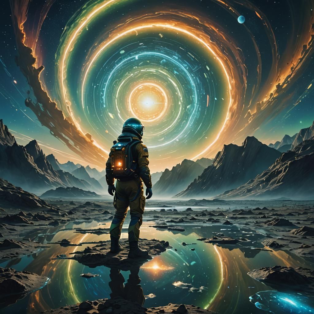 Lone Galactic Explorer in Surreal Dreamscape