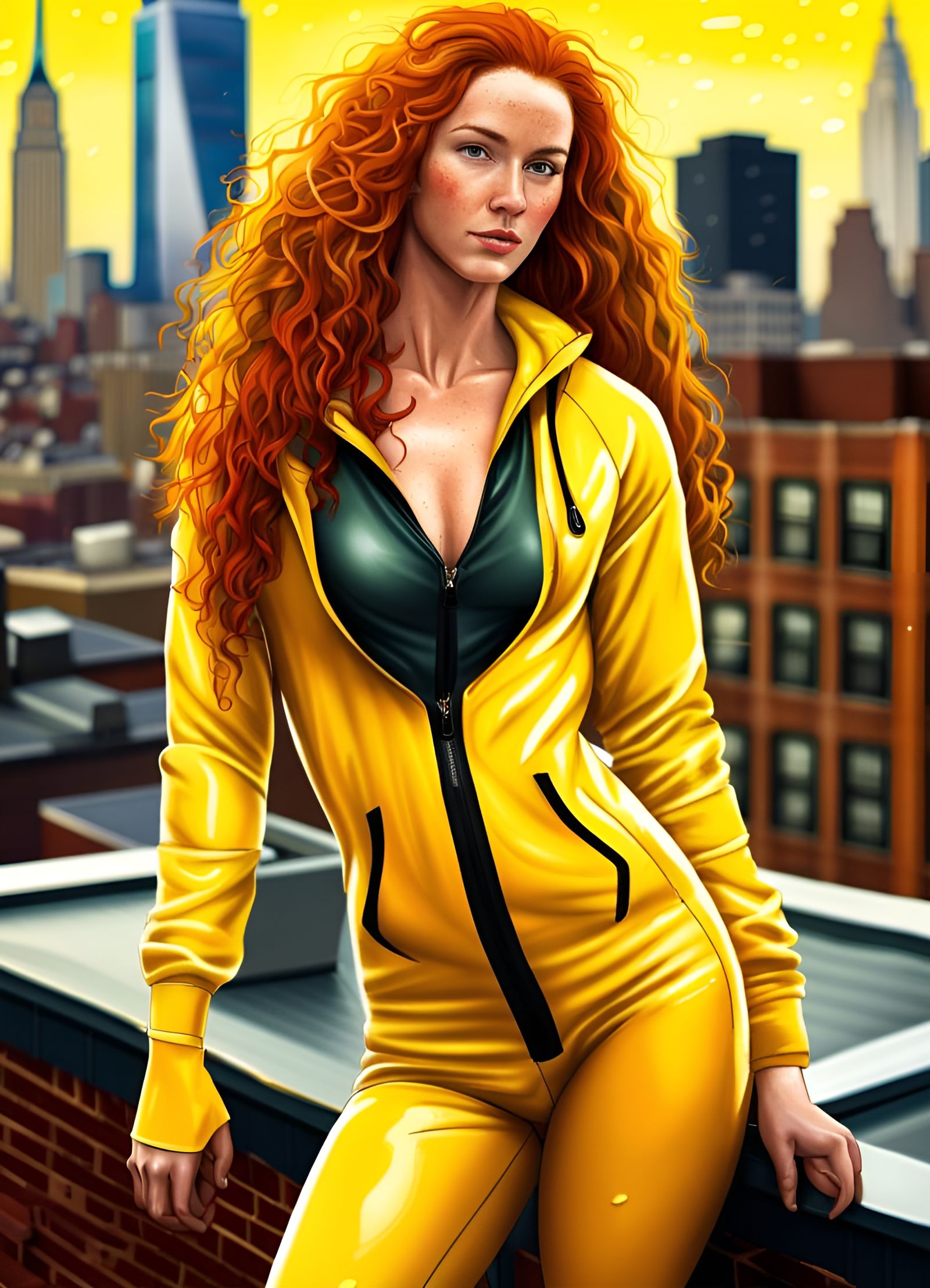 Hyperrealistic Woman in Yellow Jumpsuit on Rooftop