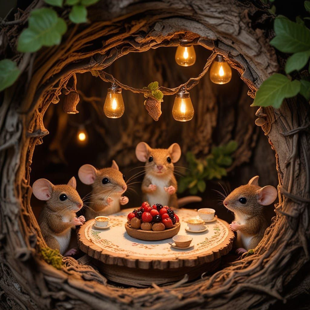 Whimsical Mice Gather for a Cozy Treehouse Tea Party in Wate...