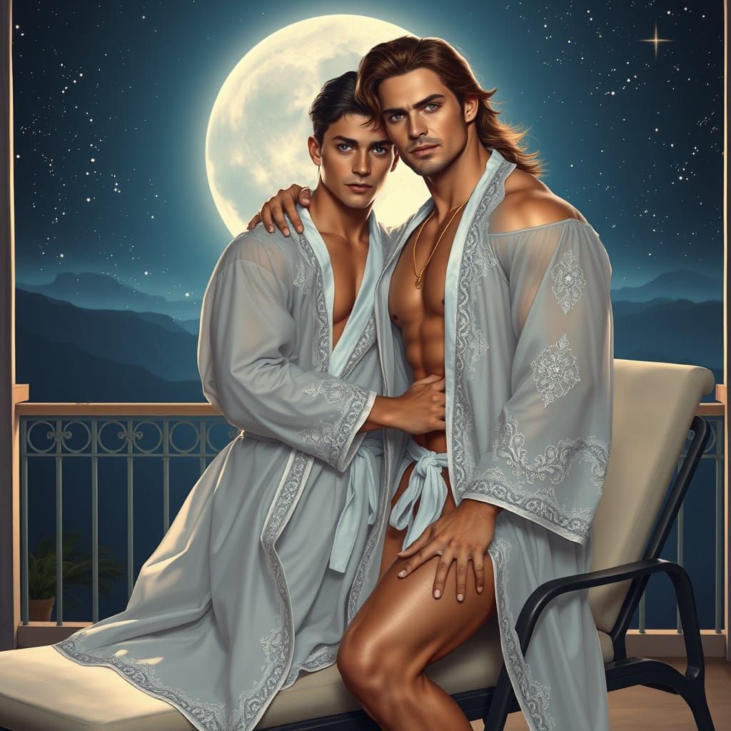 Romantic Embrace on Moonlit Balcony in Photorealistic Style