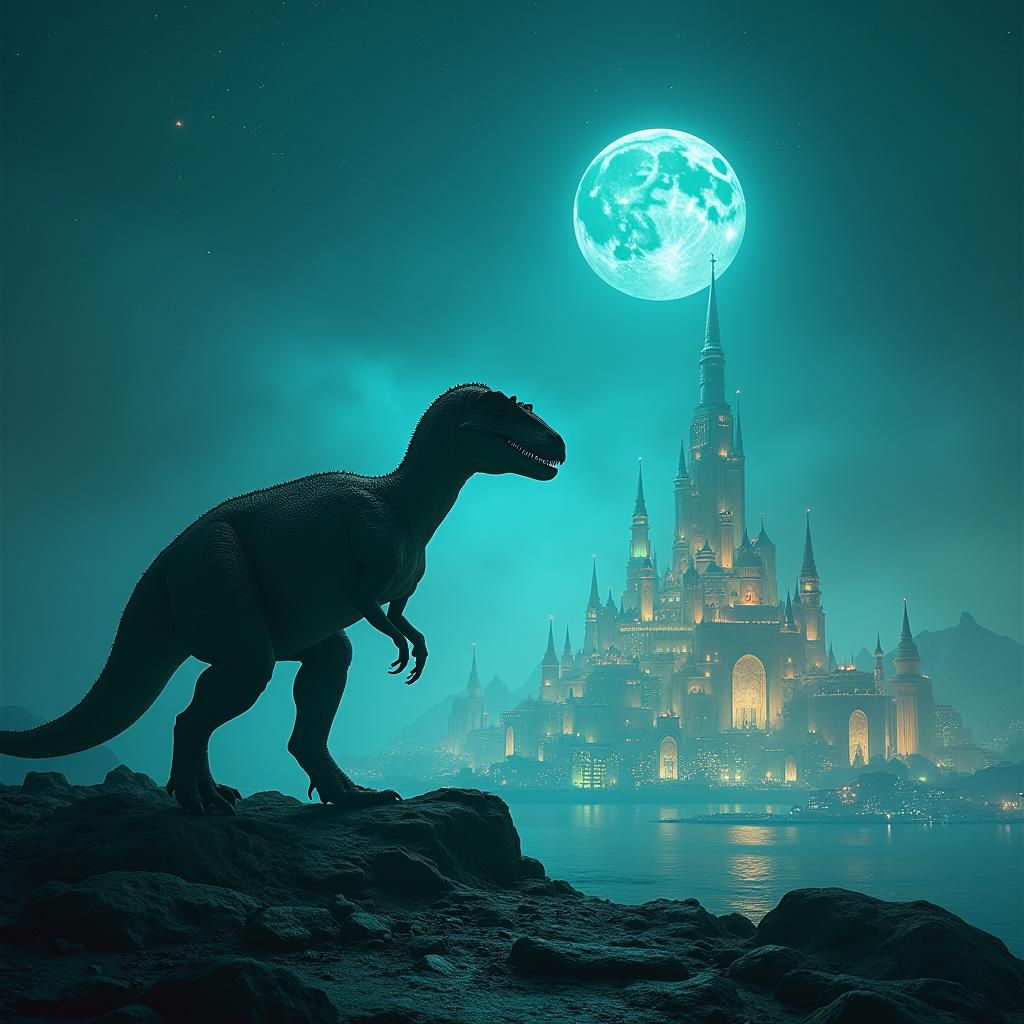 Dinosaur on the Moon in Ethereal Cityscape