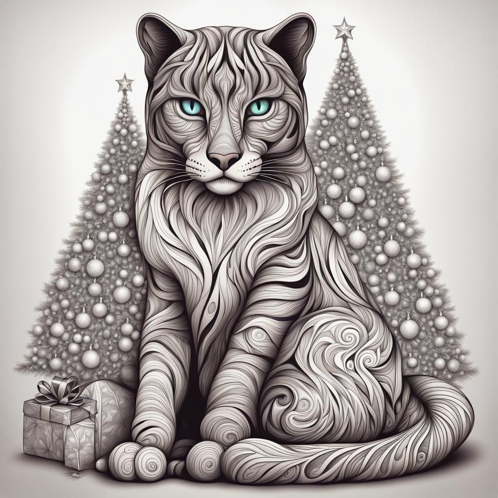 Big Cat Portrait with Christmas Tree, Abstract Fractal Art