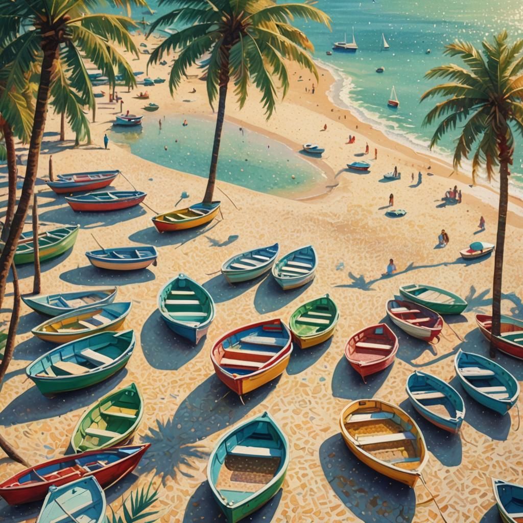 Pointillist Beach with Colorful Boats in Sunlight