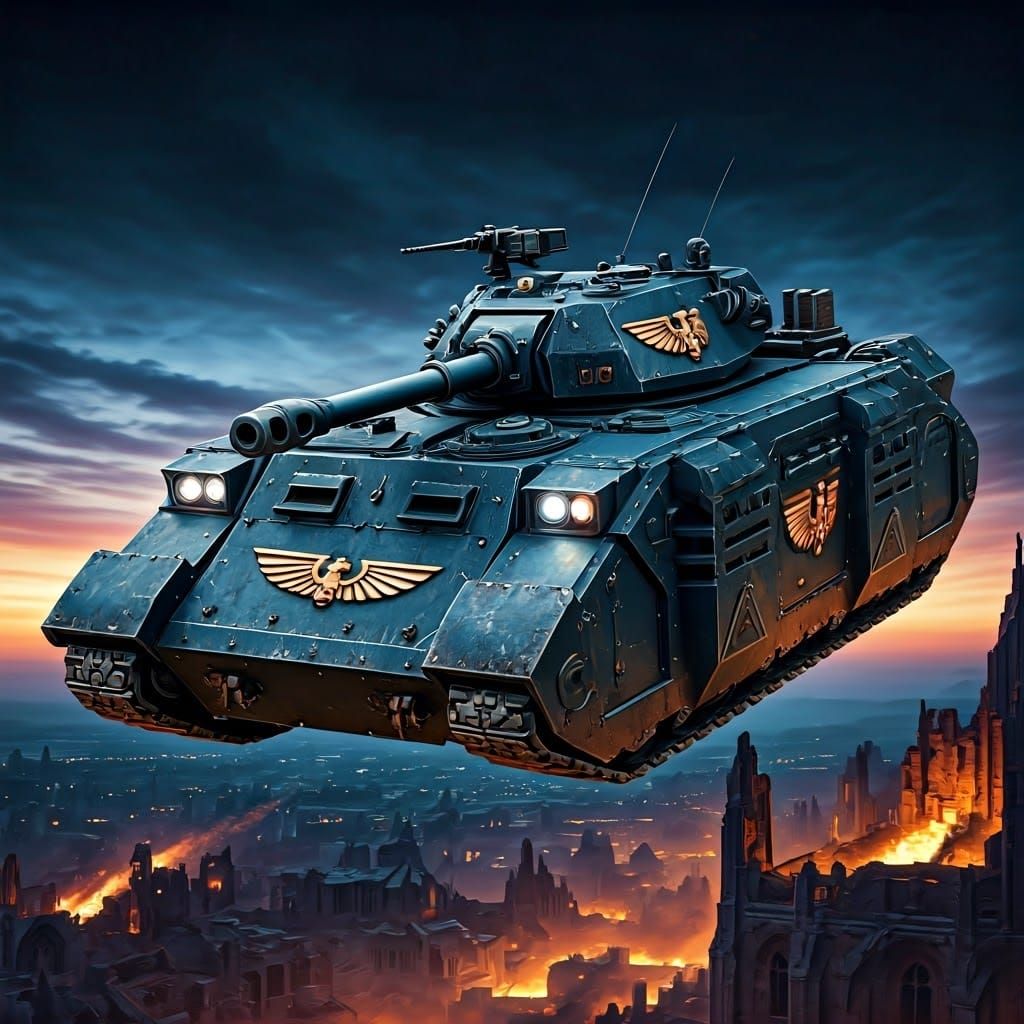 Warhammer 40k Tank Soaring Over Ruined City