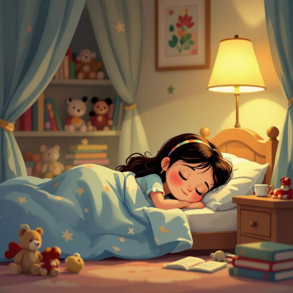 Cute Cartoon Girl Sleeping in Cozy Bedroom